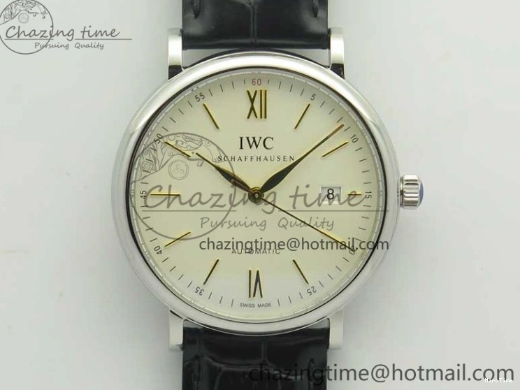 MIROTIME 0106 Affordable Portofino IW356501 SS V3 MK 1:1 Best Edition White Dial Gold Markers On Black Leather Strap MIYOTA 7196